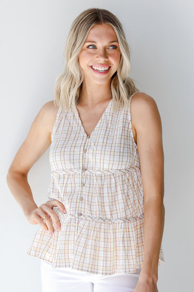 Plaid Tiered Tank in taupe on model
