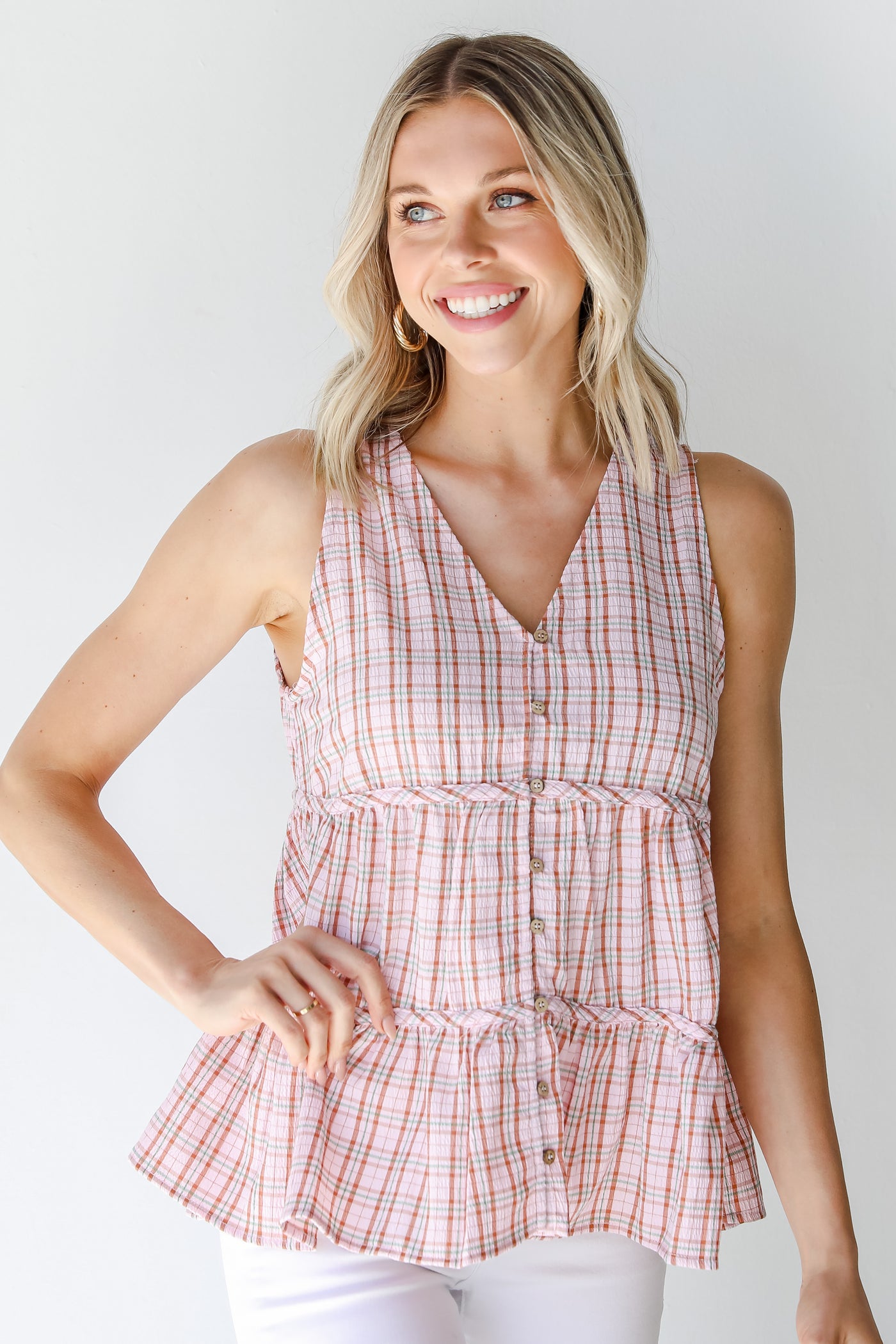 Plaid Tiered Tank in blush