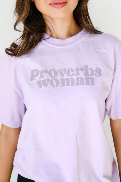 Lavender Proverbs Woman Tee close up