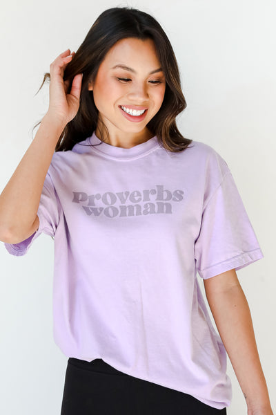 Lavender Proverbs Woman Tee on model