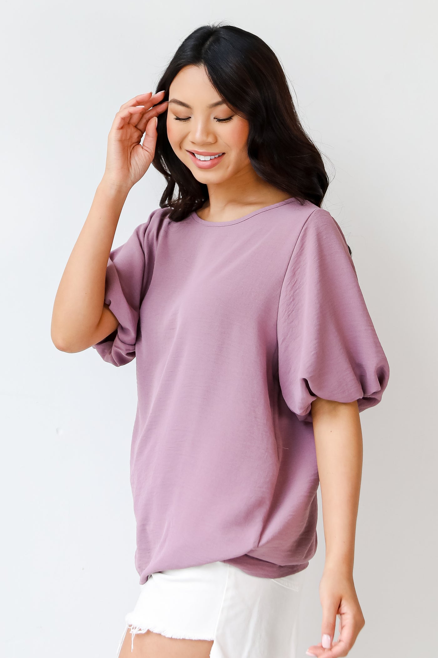 purple Puff Sleeve Blouse side view
