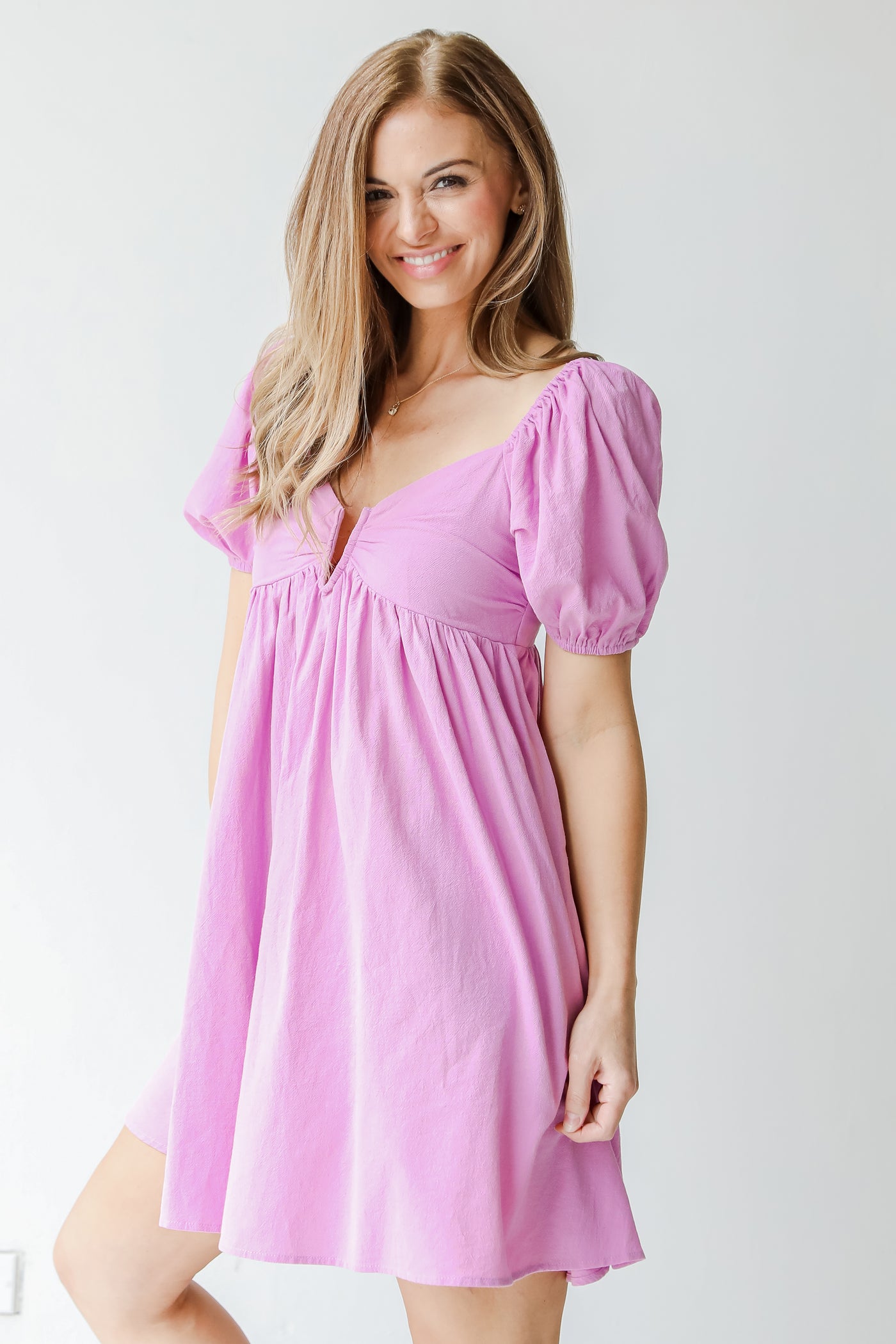 Babydoll Mini Dress in lavender side view