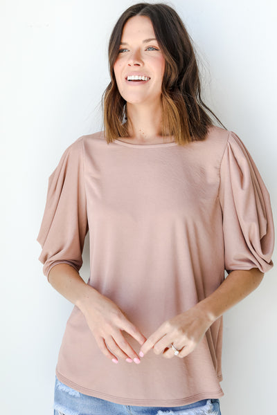 Puff Sleeve Top in blush on model