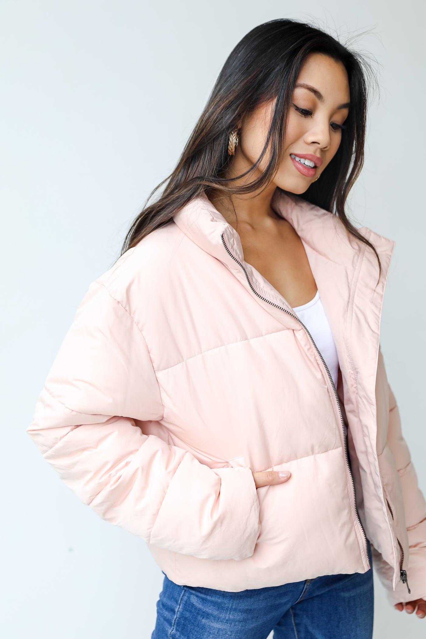 Puffer Jacket in pink side view