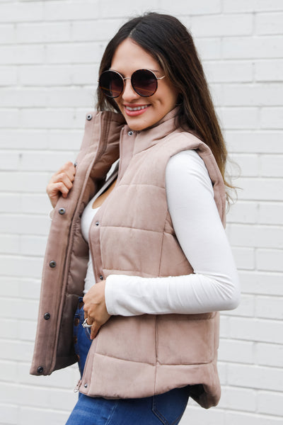 taupe Puffer Vest side view
