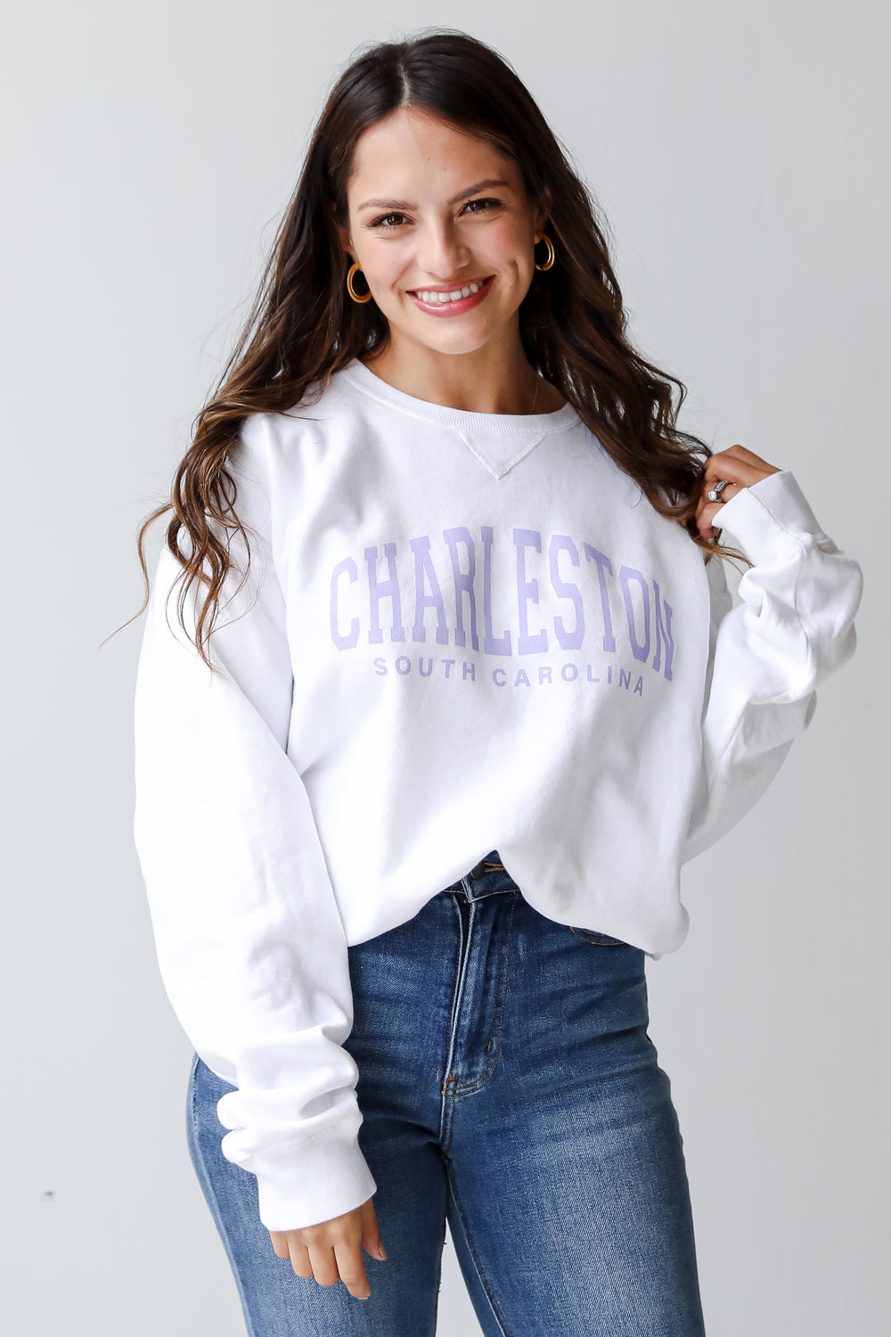 White Charleston South Carolina Pullover on model