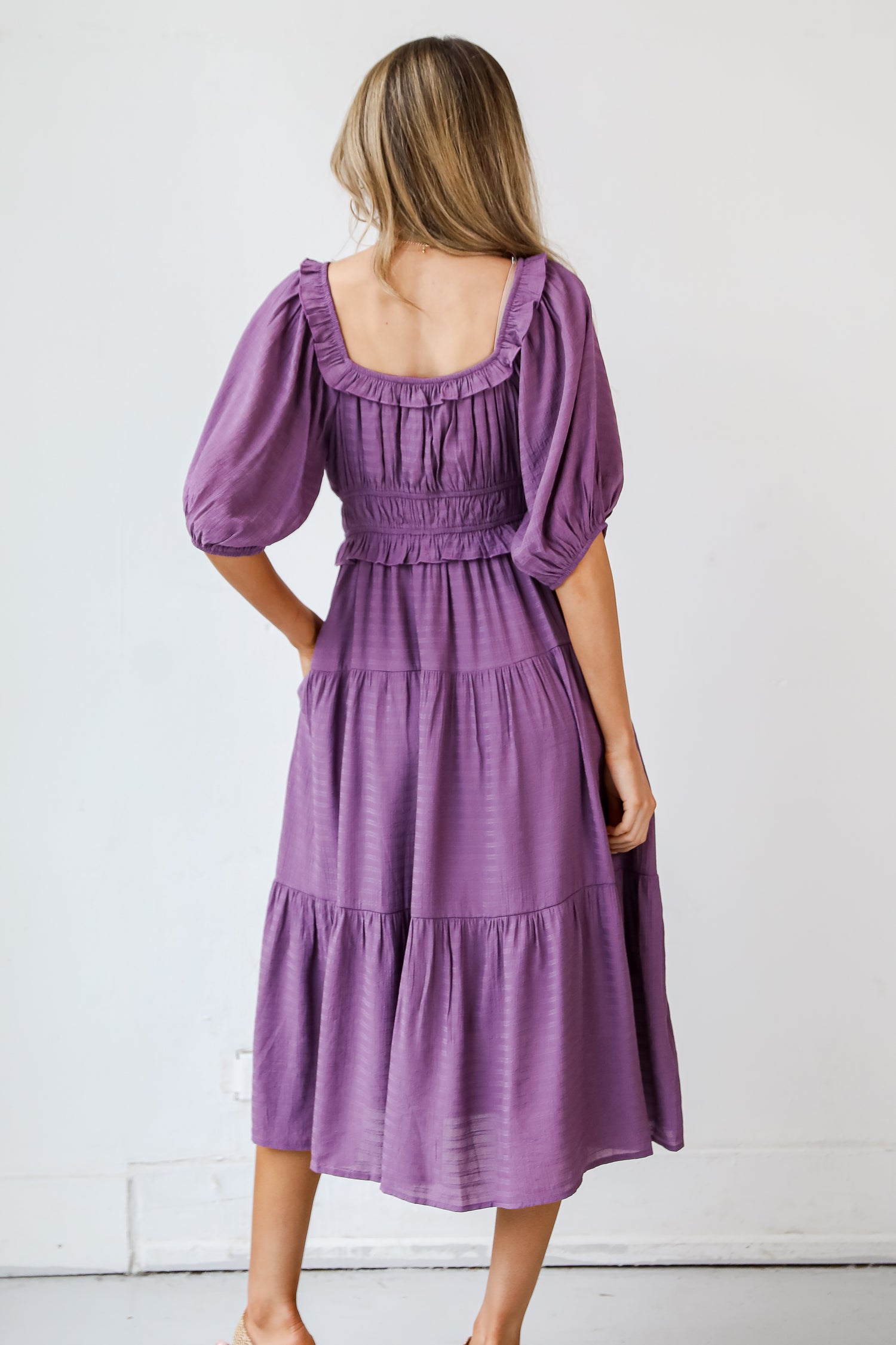purple Tiered Midi Dress back view