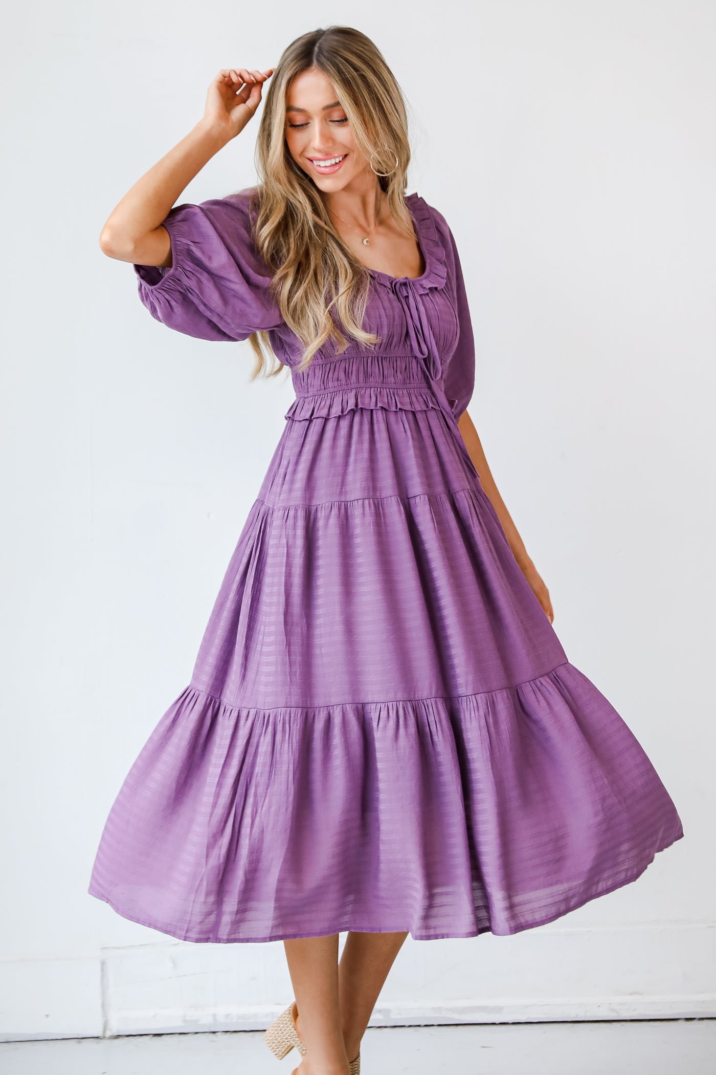 purple Tiered Midi Dress on model