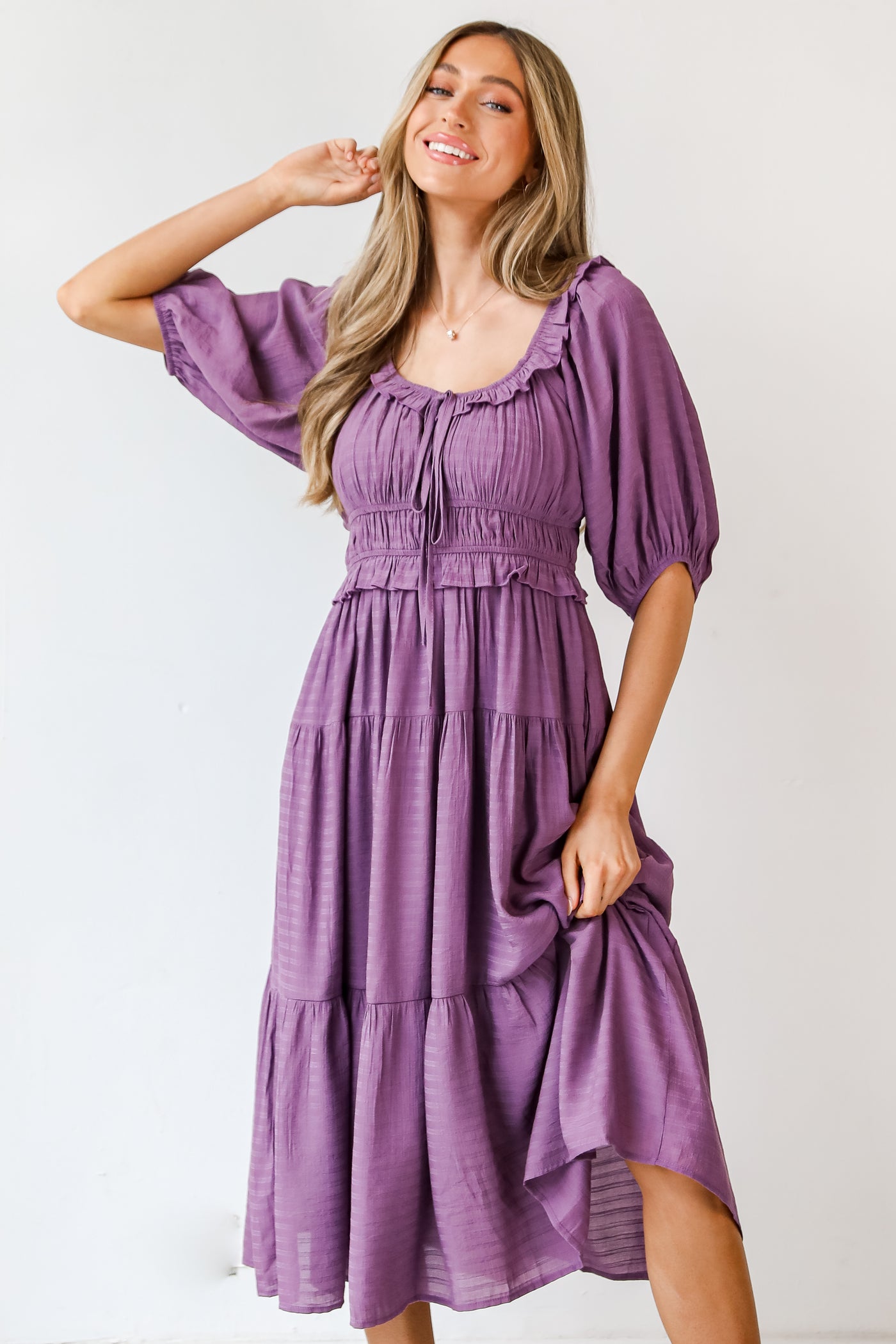 purple Tiered Midi Dress