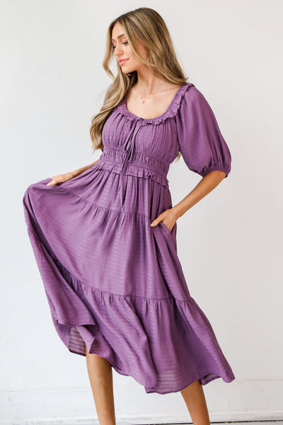 purple Tiered Midi Dress on dress up model