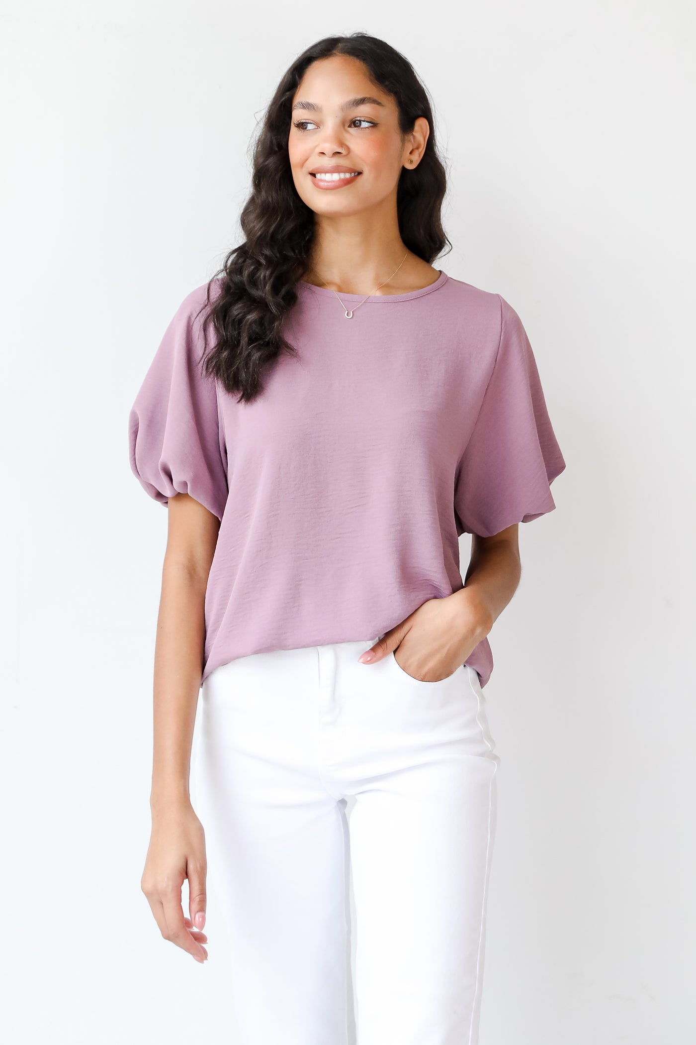 purple Puff Sleeve Blouse front view