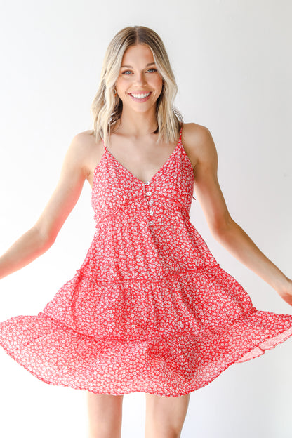 Tiered Floral Mini Dress in red