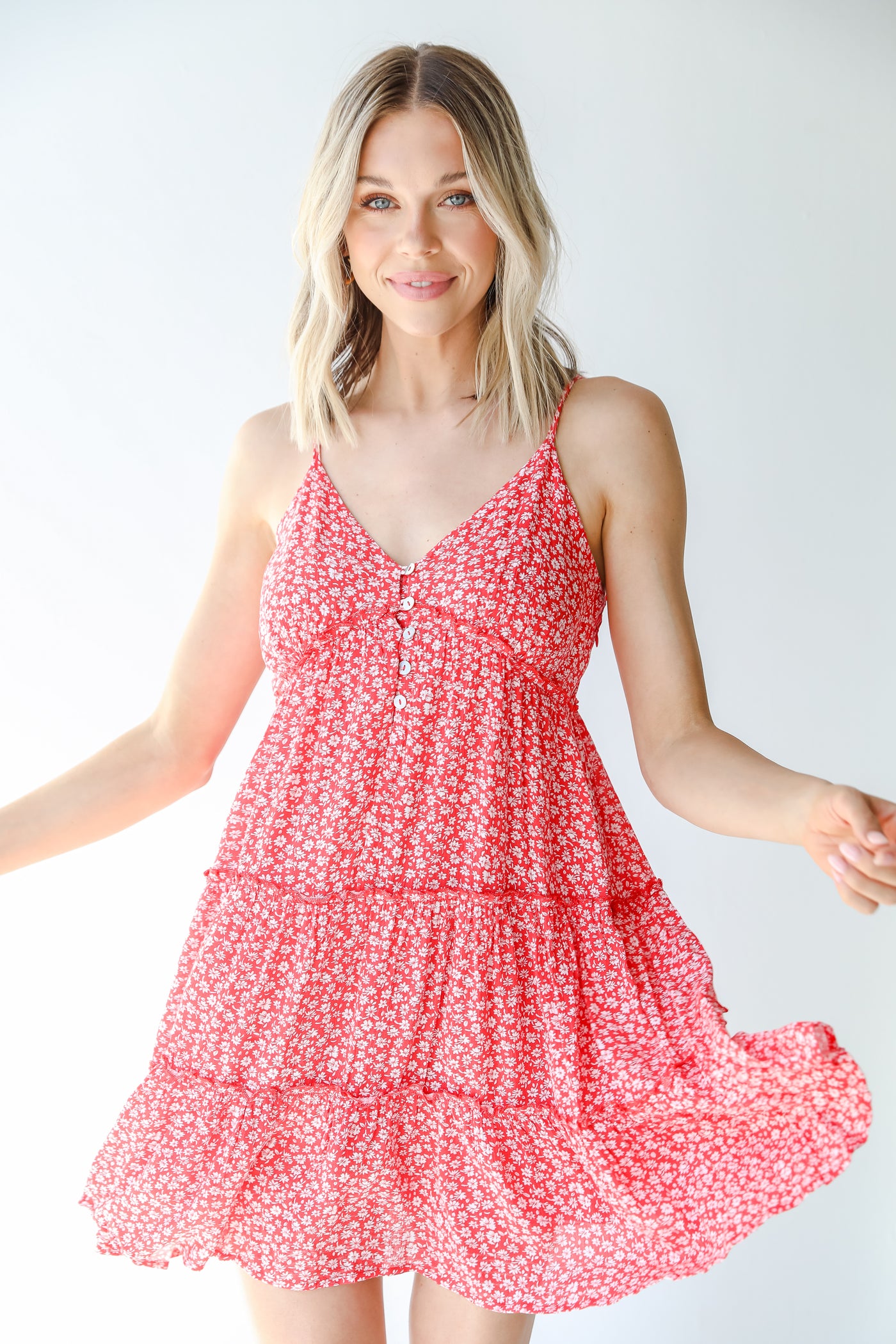 Tiered Floral Mini Dress in red