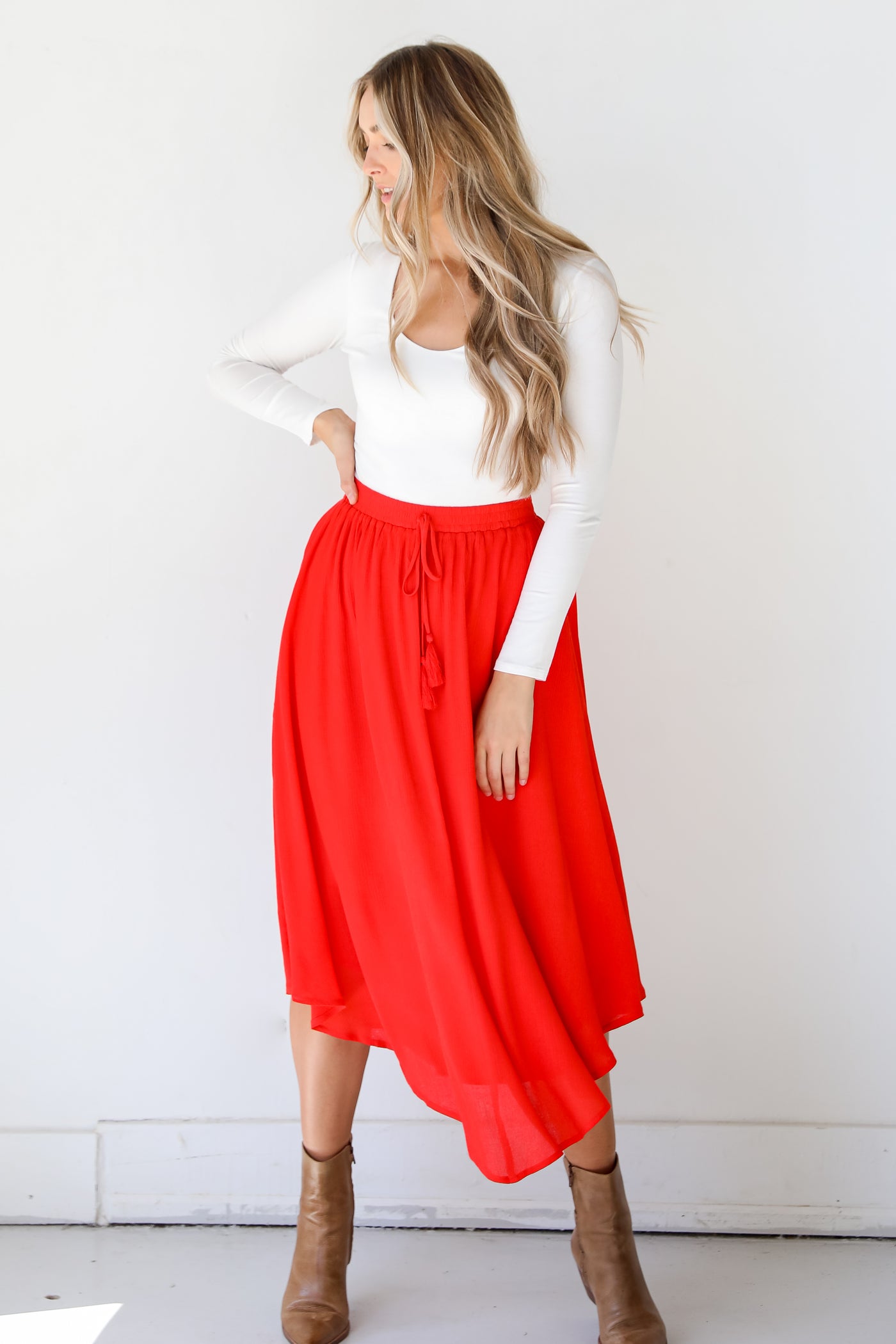 red Maxi Skirt on model