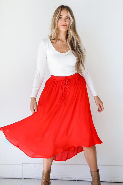 red Maxi Skirt front view on model