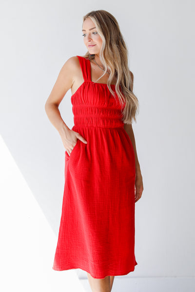 red midi dress front view