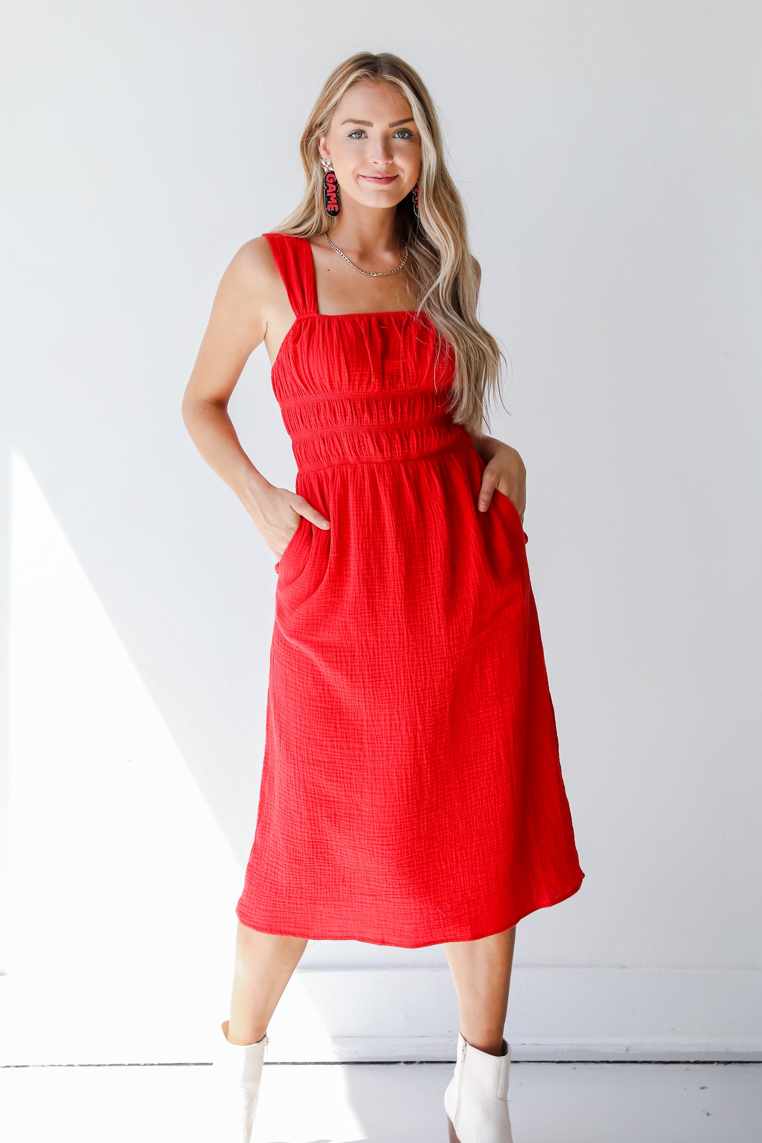 red midi dress