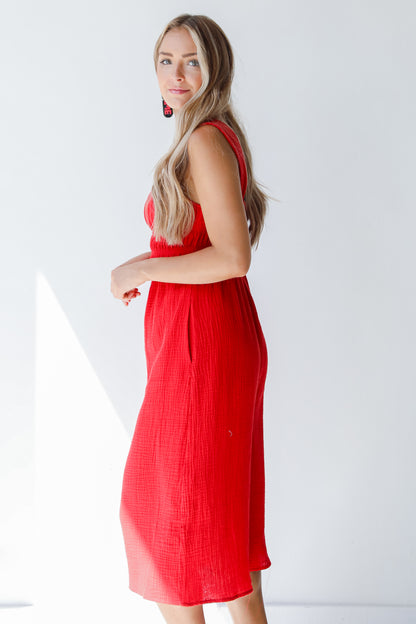 red midi dress side view