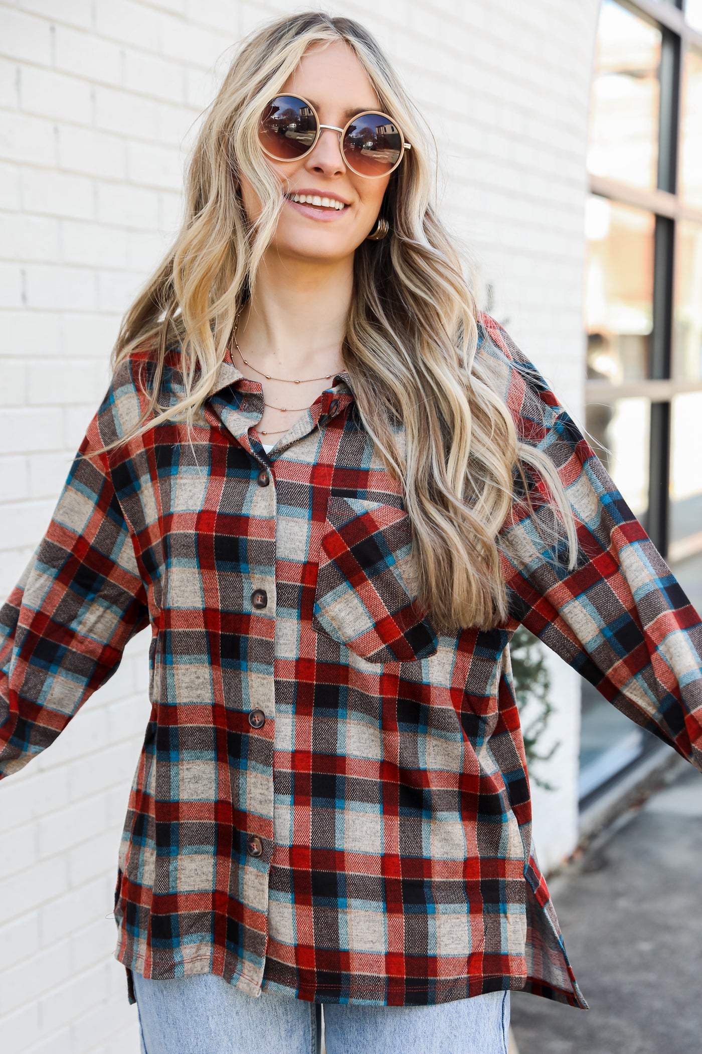 red Plaid Flannel on model