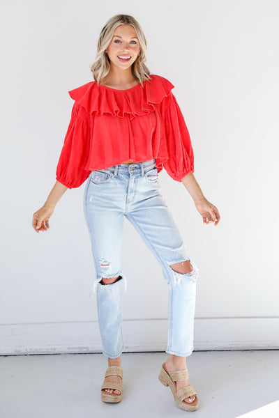 red Ruffle Blouse on dress up model