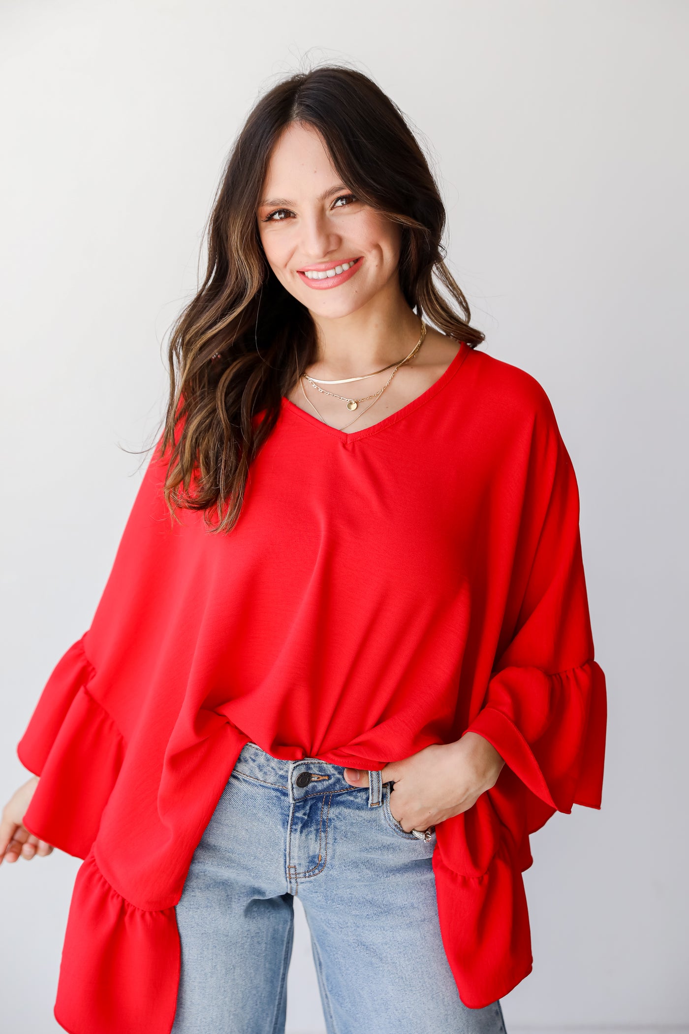 red Oversized Ruffle Blouse close up