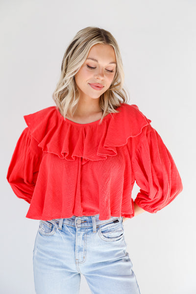 red Ruffle Blouse on model