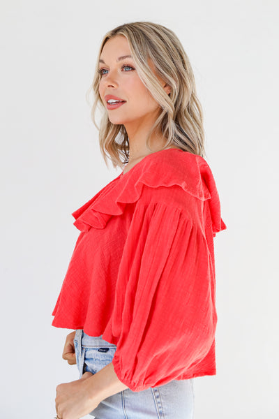 red Ruffle Blouse side view