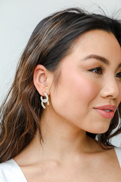 Rhinestone + Pearl Drop Earrings on model