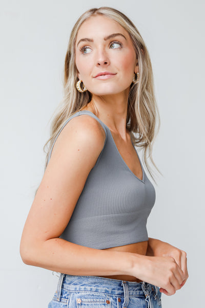 V-Neck Ribbed Cropped Tank in grey side view