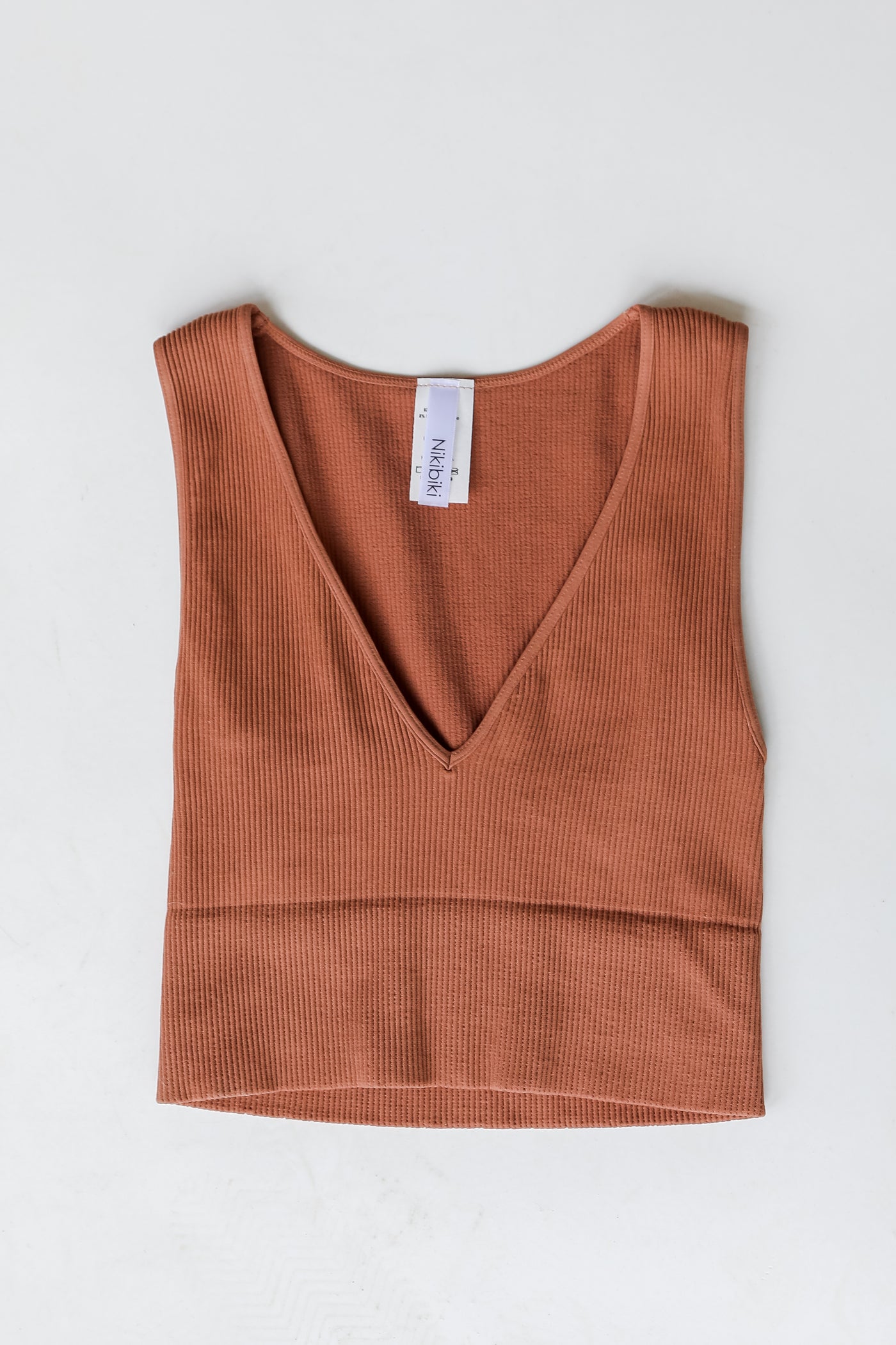 V-Neck Ribbed Cropped Tank in cognac flat lay