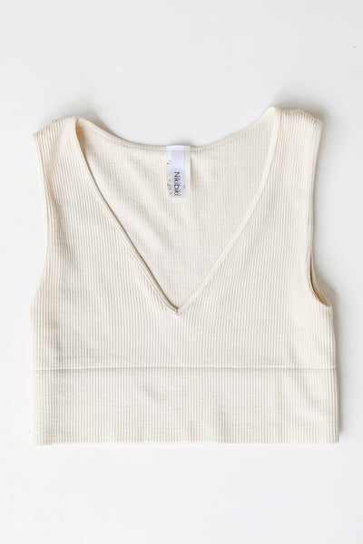 V-Neck Ribbed Cropped Tank in ivory flat lay