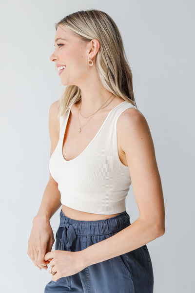 V-Neck Ribbed Cropped Tank in ivory side view