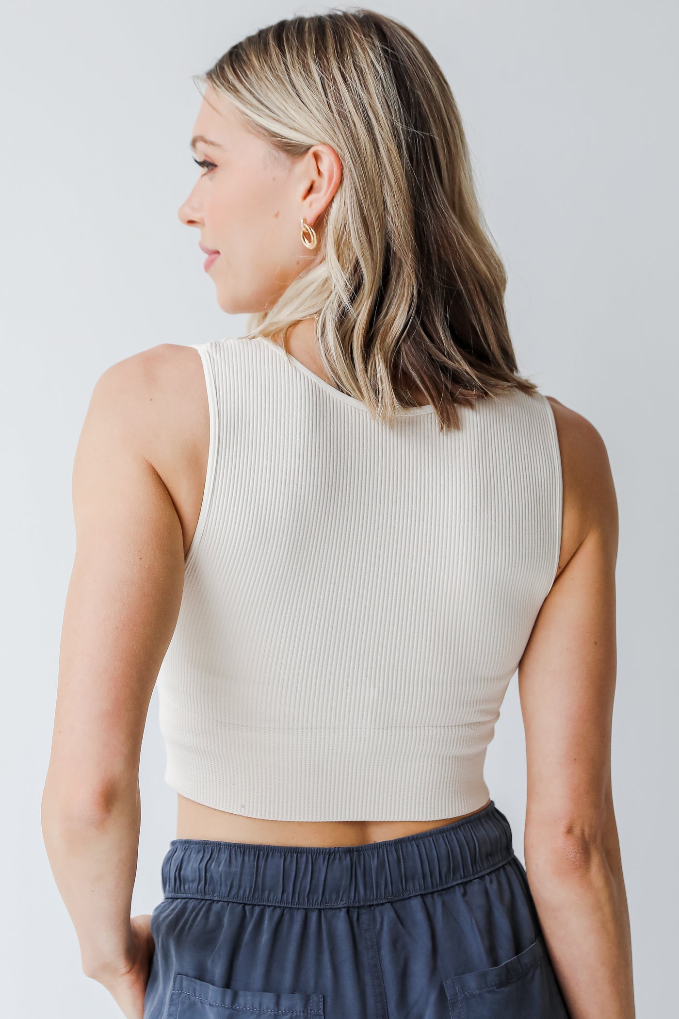 V-Neck Ribbed Cropped Tank in ivory back view