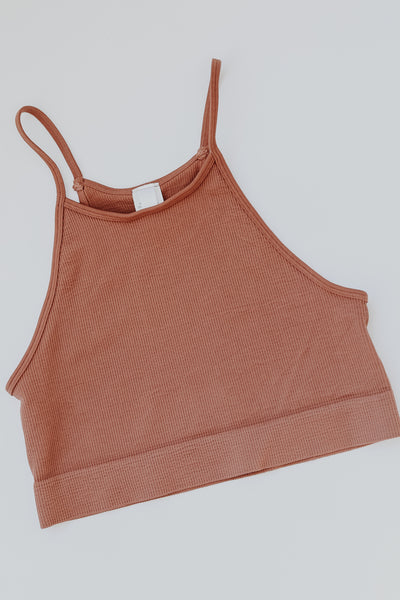 Seamless Cropped Ribbed Tank in cognac flat lay