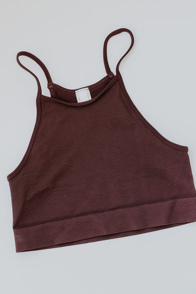 Seamless Cropped Ribbed Tank in wine flat lay