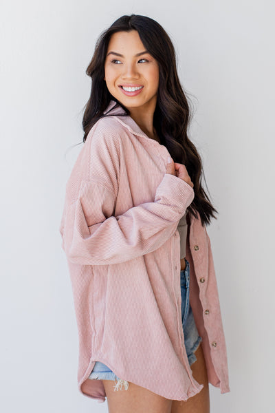 Corduroy Shacket in blush side view
