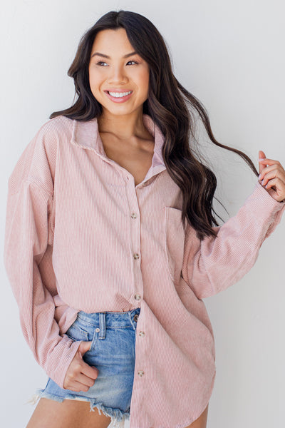 Corduroy Shacket in blush front view