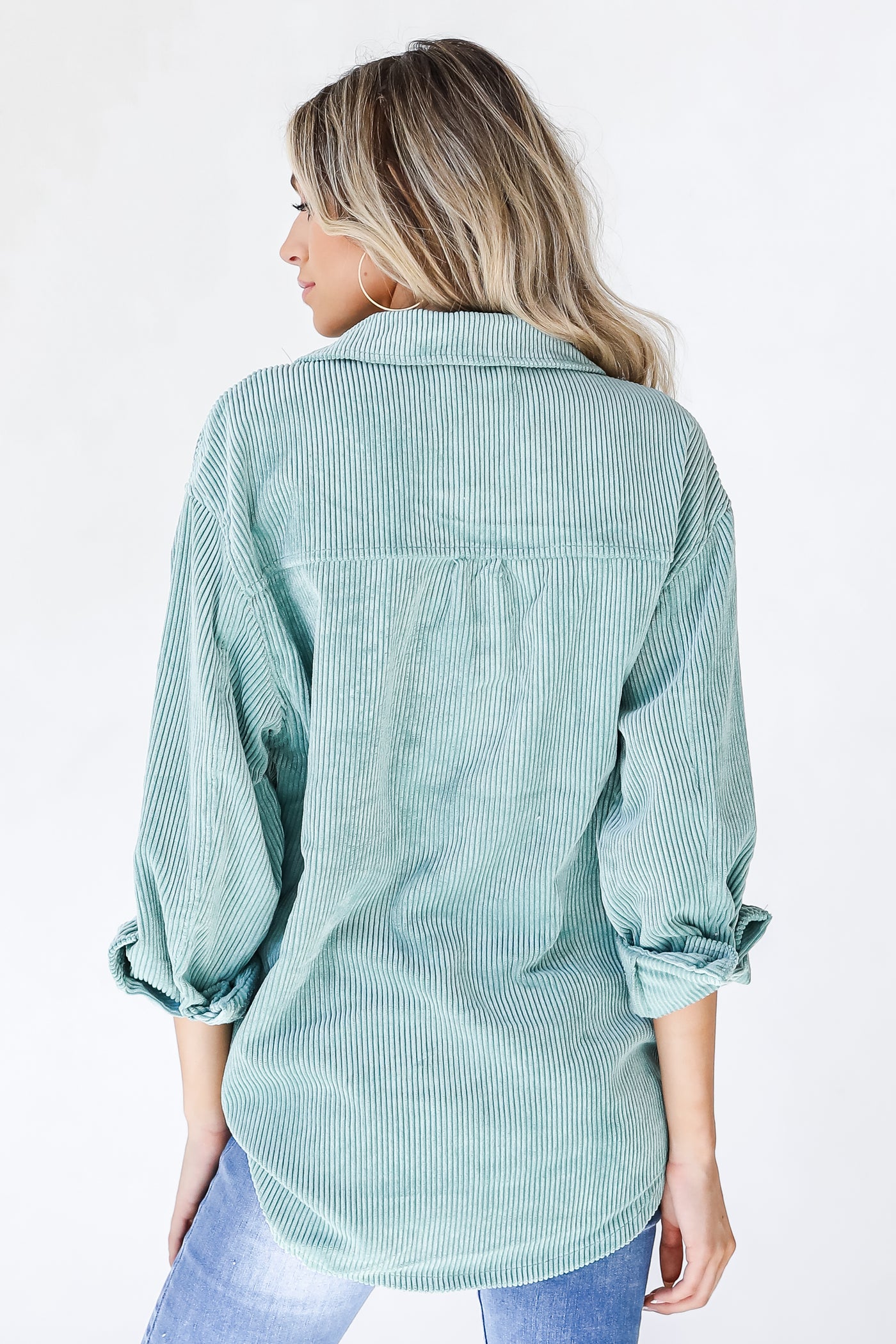 Corduroy Shacket in sage back view