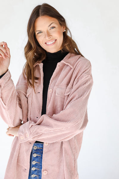 Corduroy Shacket in blush front view
