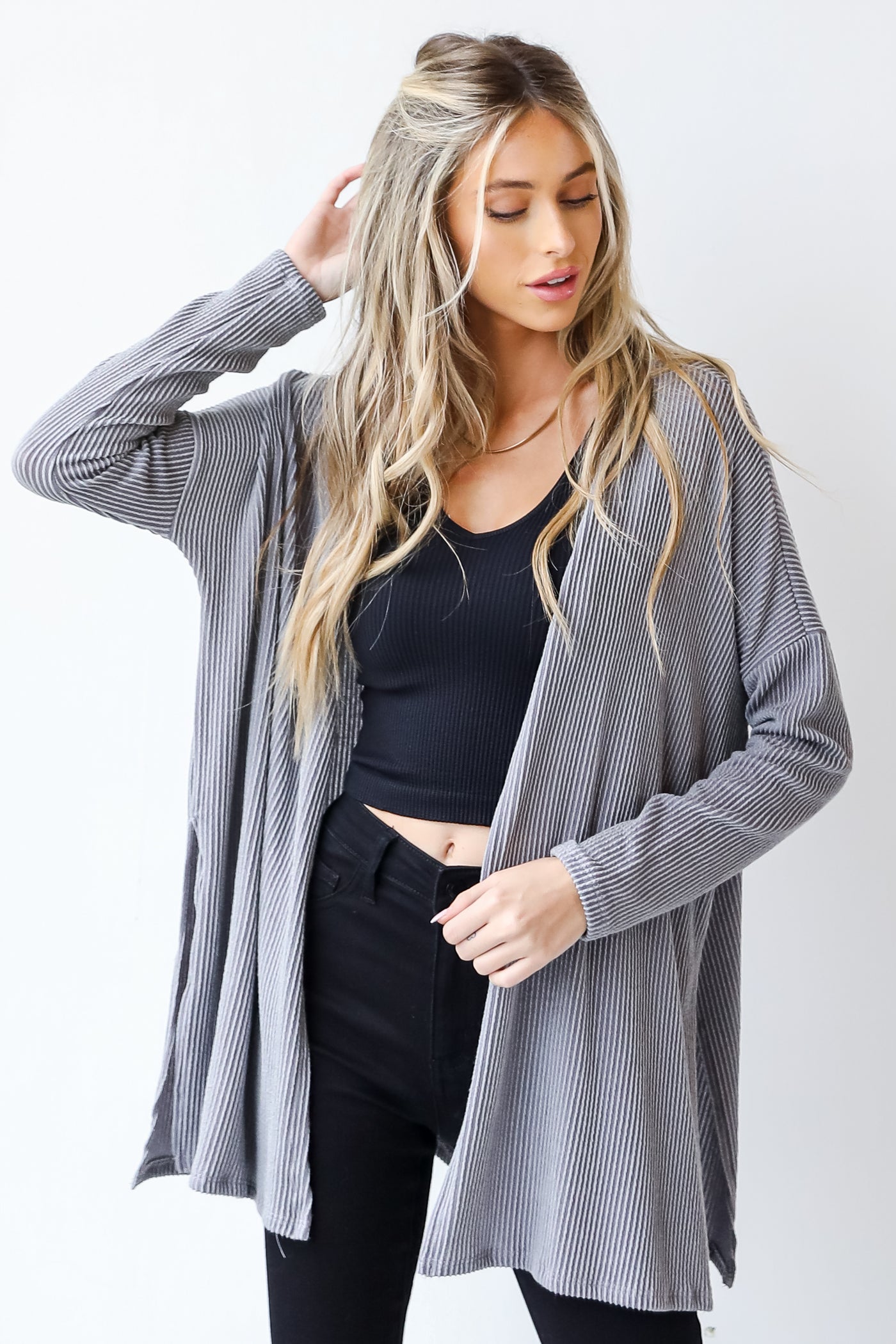 Corded Cardigan in grey front view