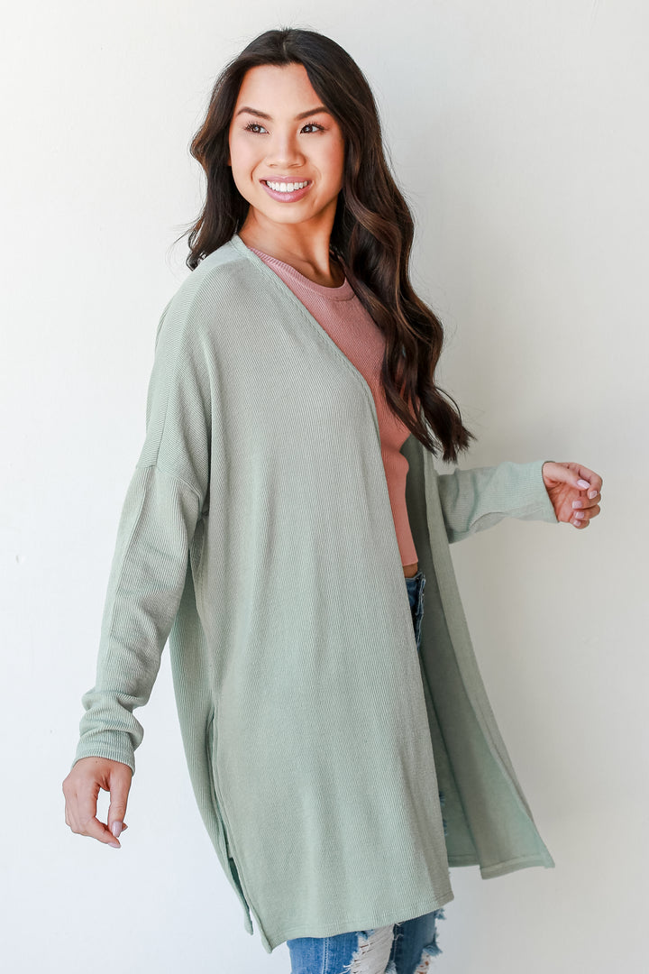 Ribbed Cardigan in sage side view