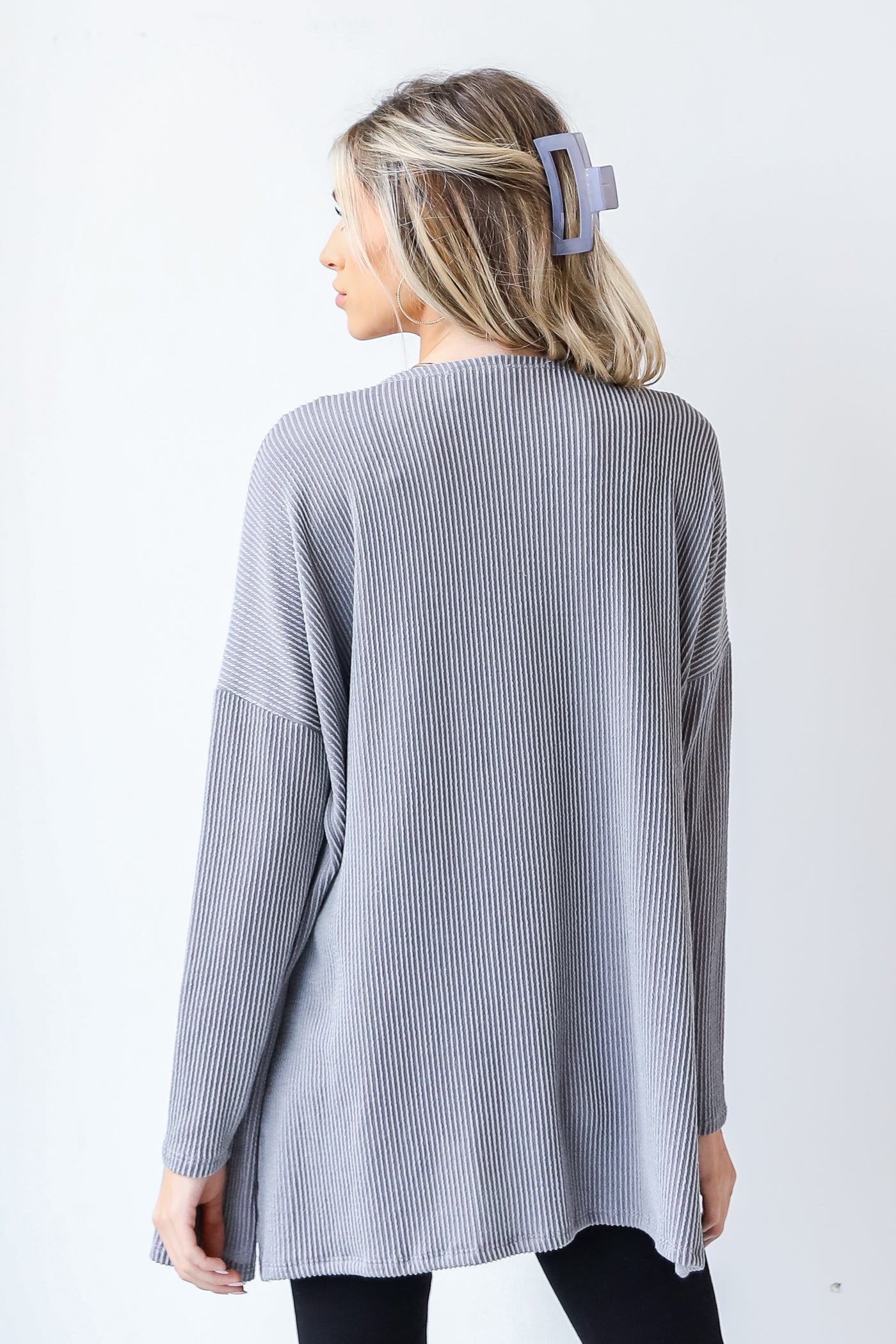 Corded Cardigan in grey back view