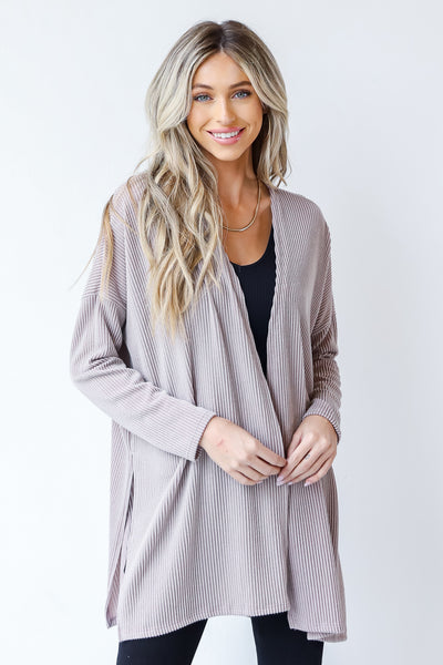 Corded Cardigan in mocha front view