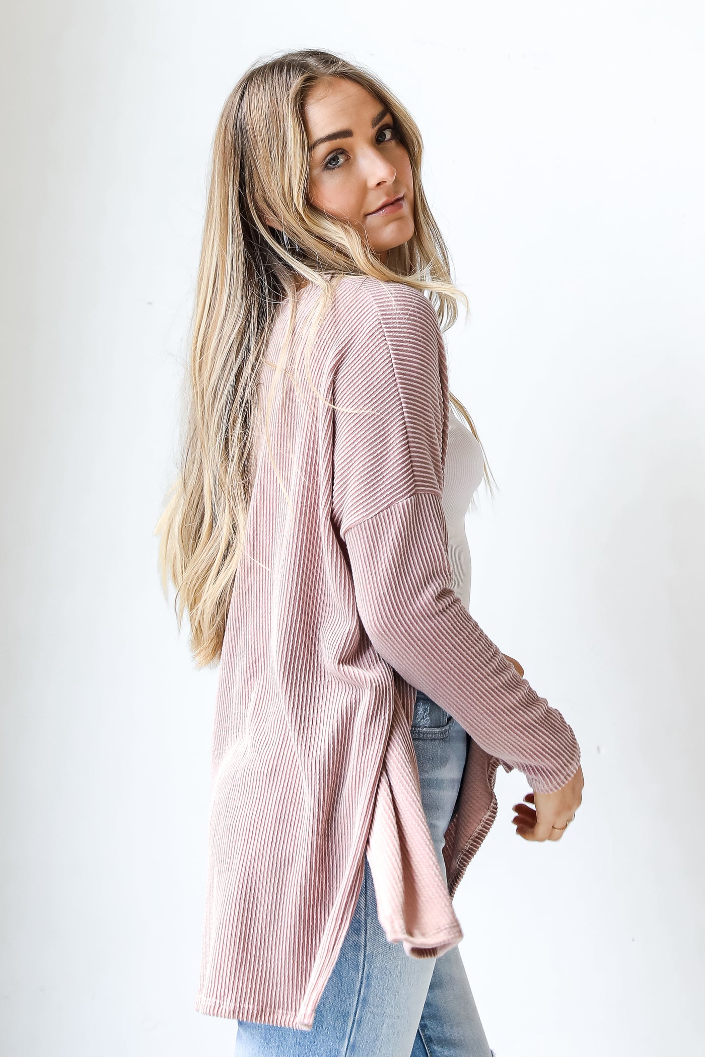 Corded Cardigan in blush side view