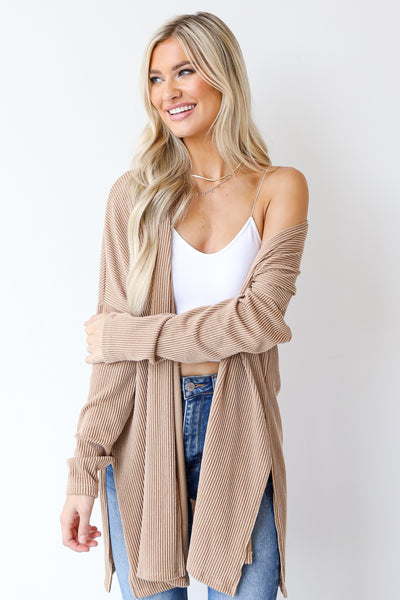 Corded Cardigan in camel front view