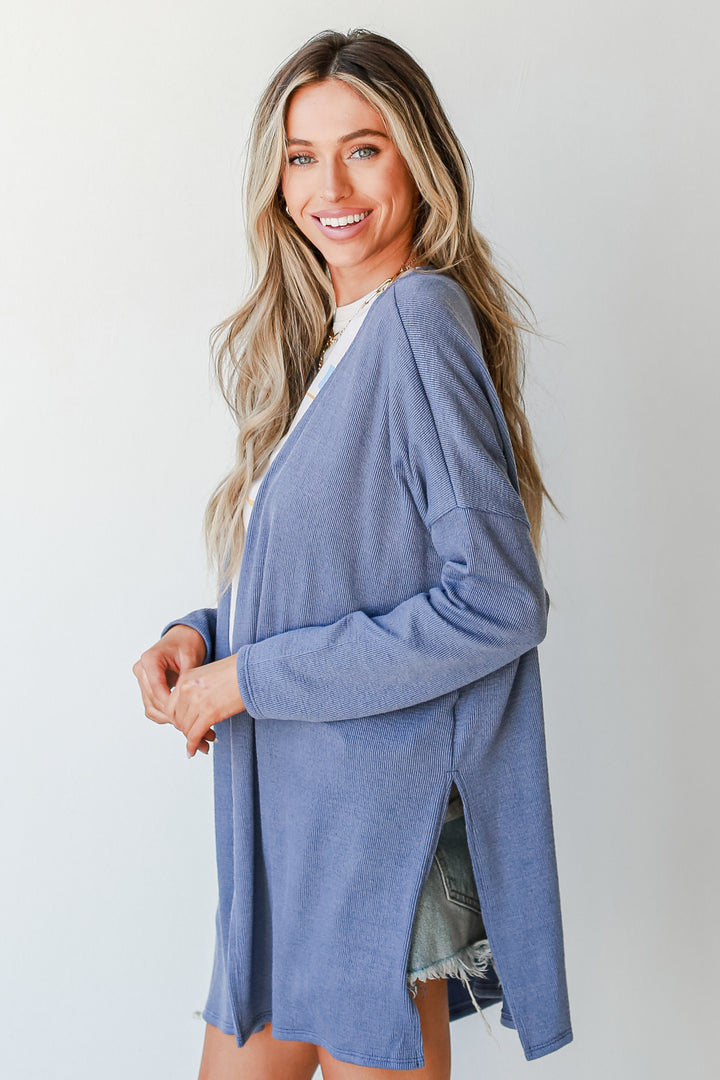 Ribbed Cardigan in denim side view