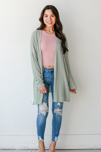 Ribbed Cardigan in sage front view