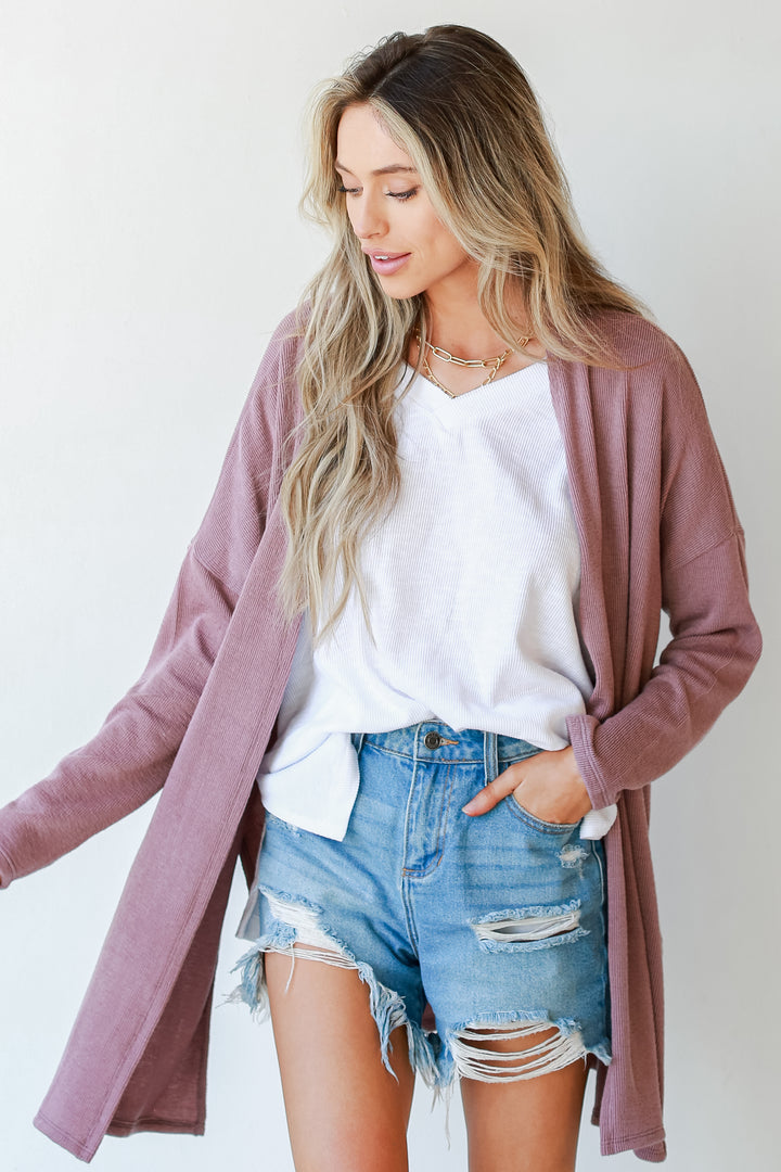 Ribbed Cardigan in mauve front view