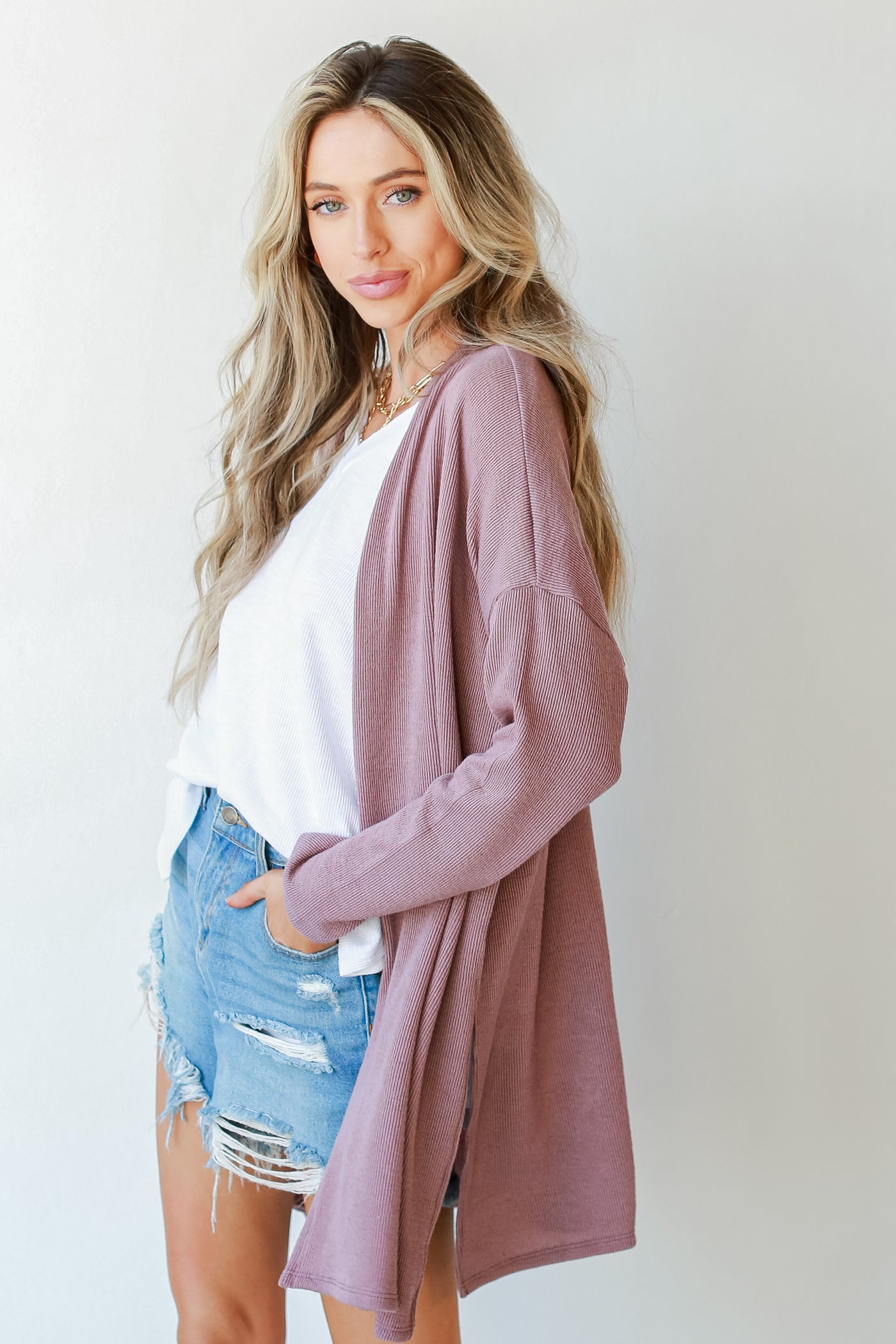 Ribbed Cardigan in mauve side view