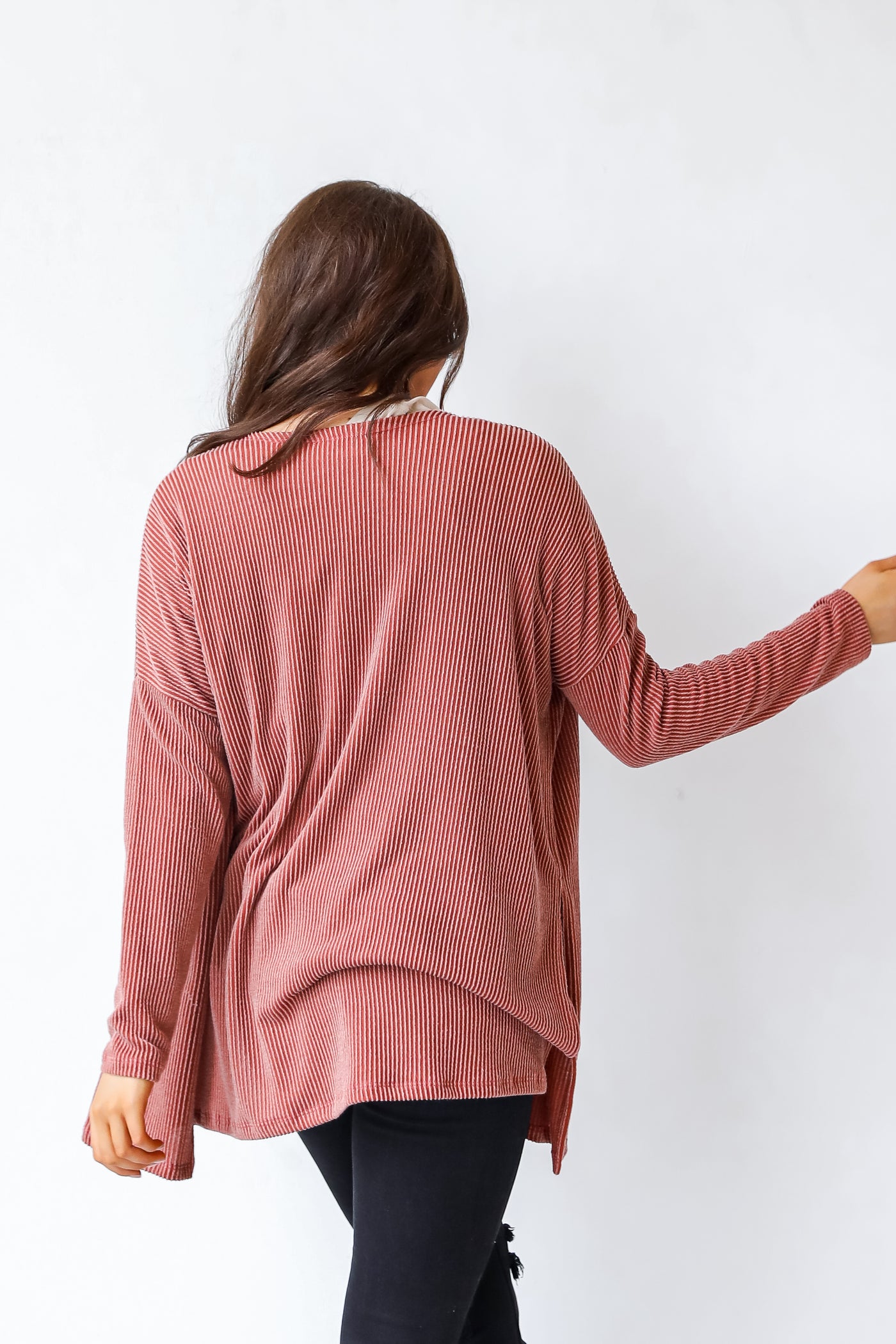 Corded Cardigan in brick back view